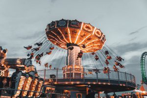 Theme park ride at dusk