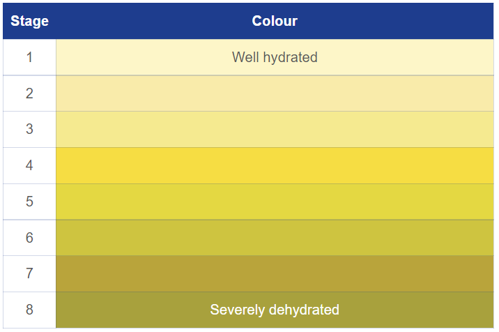 A chart showing good to poor urine colour