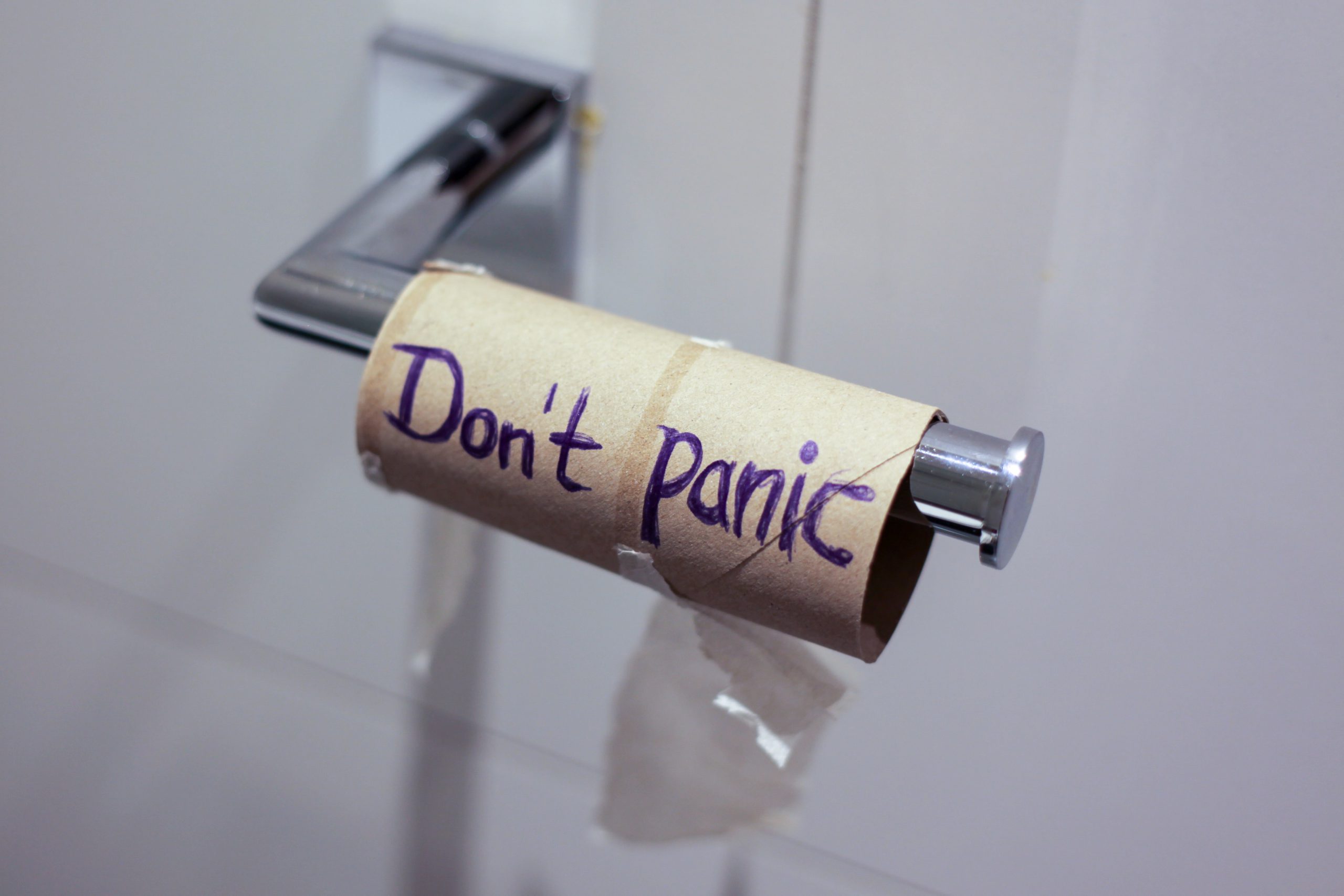 Empty toilet roll with the words 'don't panic' written on it