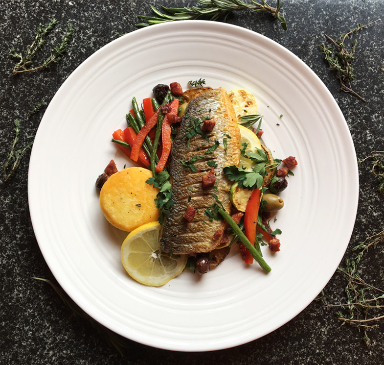 Tray Baked Sea Bass, Fondant Potato & Mediterranean Vegetables