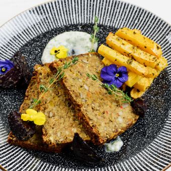 Stoma-friendly lentil nut roast with roasted vegetables