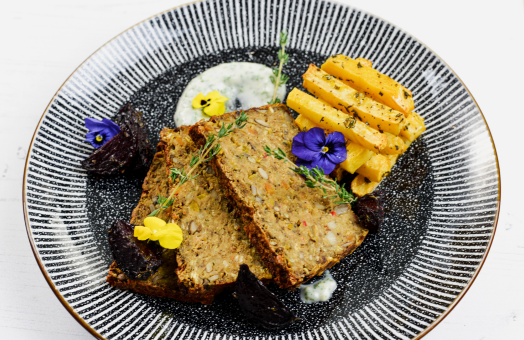 Stoma-friendly lentil nut roast with roasted vegetables